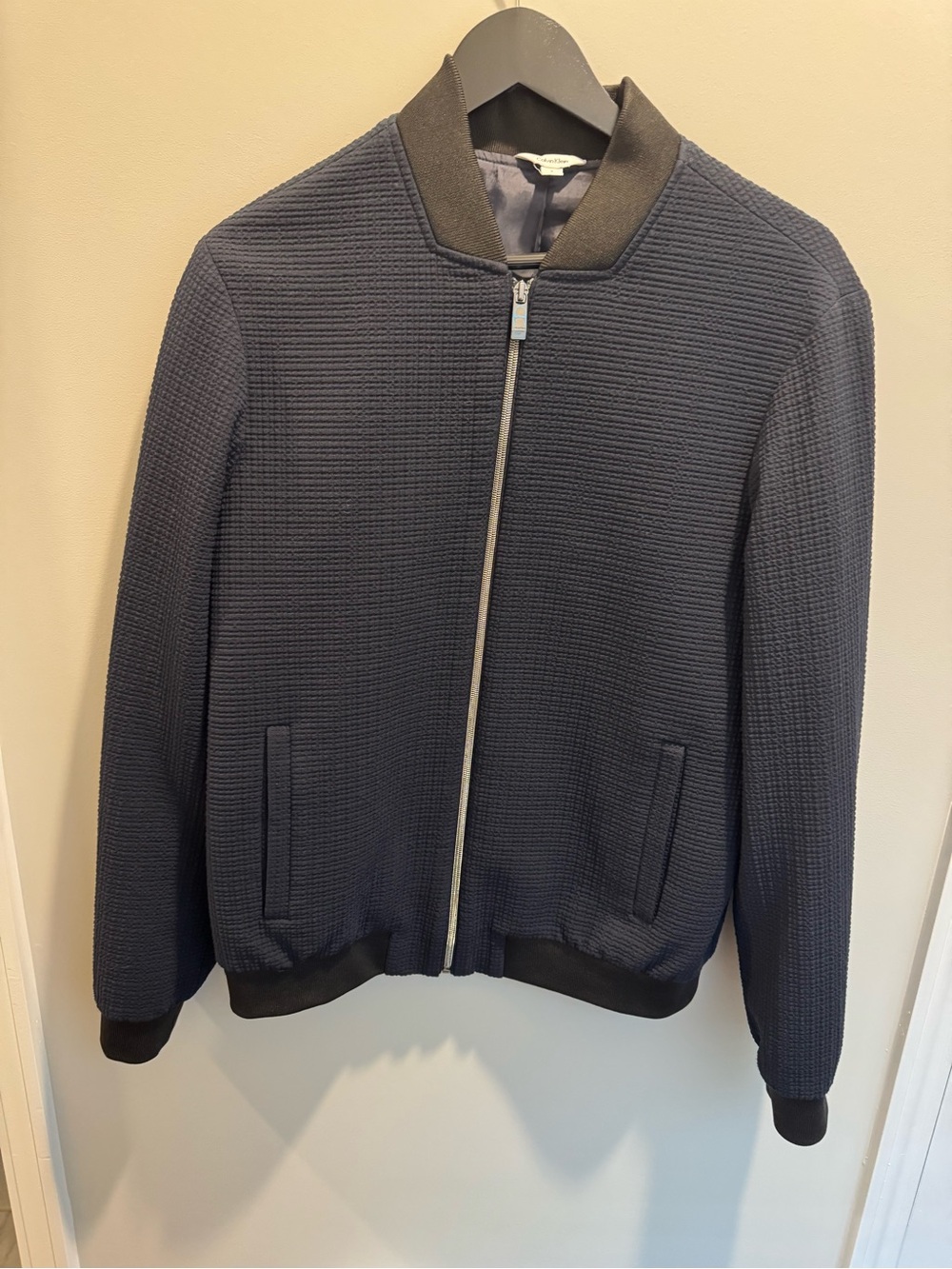 Calvin Klein Navy Textured Bomber Jacket with Black Trim, Men’s Size Small